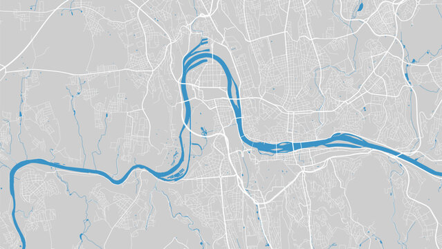 Vltava river map, Prague city, Czech Republic. Watercourse, water flow, blue on grey background road map. Vector illustration.