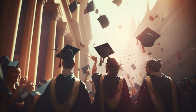 A group of students celebrating their graduation by throwing caps in the air closeup. Generative AI