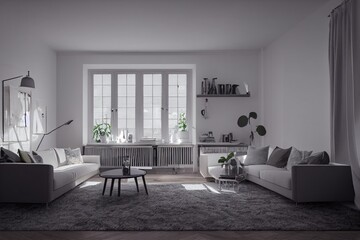 Stylish scandinavian living room with design mint sofa, furnitures, mock up poster map, plants and elegant personal accessories. Modern home decor. Bright and sunny room. Generative AI illustration.