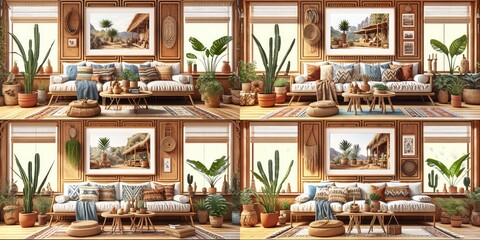 Stylish scandinavian living room with design mint sofa, furnitures, mock up poster map, plants and elegant personal accessories. Modern home decor. Bright and sunny room. Generative AI illustration.