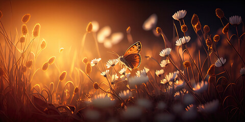 Fototapeta na wymiar Close-up photography of butterfly and garden flowers at sunset made with generative AI