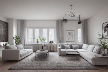 Stylish scandinavian living room with design mint sofa, furnitures, mock up poster map, plants and elegant personal accessories. Modern home decor. Bright and sunny room. Generative AI illustration.