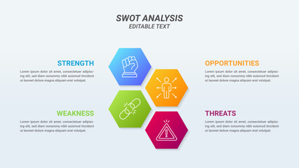 Hexagon SWOT Analysis Infographics Diagram in Circle and Road with Arrow. Business Advantages and Disadvantages. Colorful Presentation Template for Planning, Management, and Evaluation of Project.