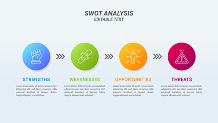 Circle SWOT Analysis Infographics Diagram in Circle and Road with Arrow. Business Advantages and Disadvantages. Colorful Presentation Template for Planning, Management, and Evaluation of Project.