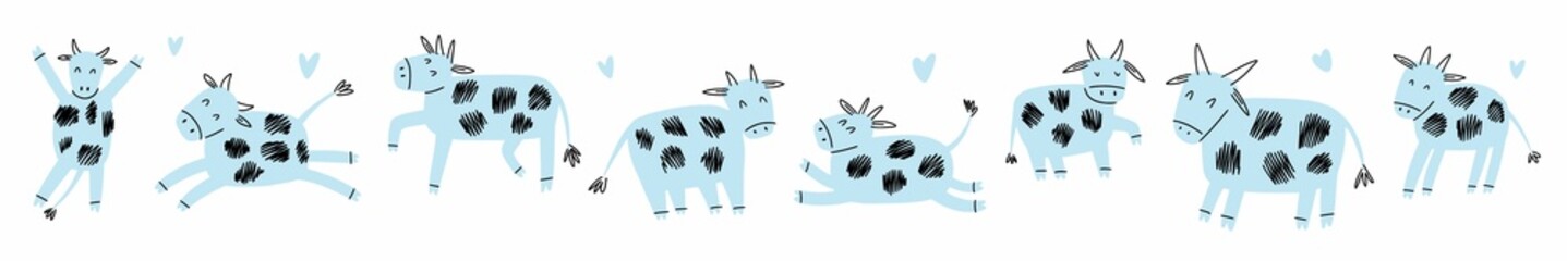 Horizontal illustration with cows drawn by hand in the style of a doodle