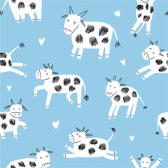 Vector pattern with cows drawn by hand in doodle style