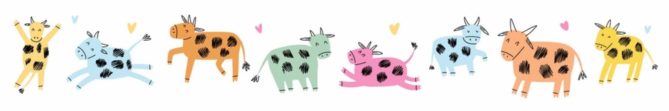Horizontal illustration with cows drawn by hand in the style of a doodle