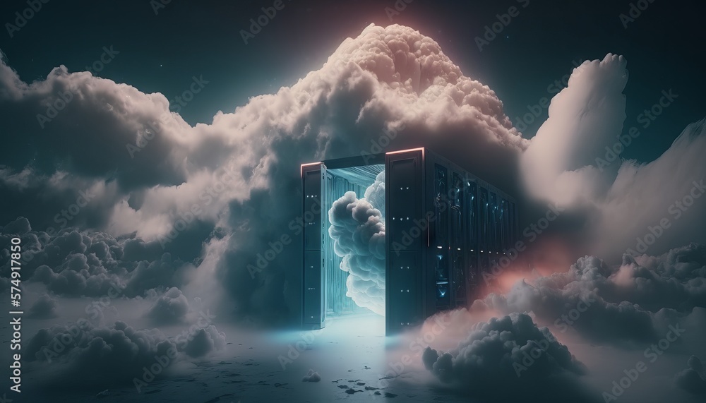 Poster server and door in the clouds. generative ai. cloud computing concept