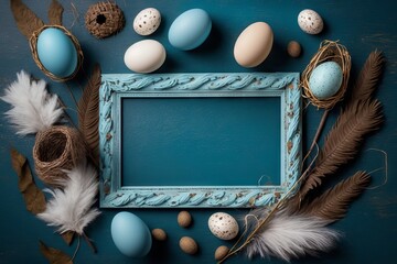 Easter eggs with feathers and frame on blue wooden background, top view. Generative AI