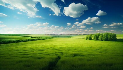 Green field and blue sky with clouds. Nature composition. Generative AI