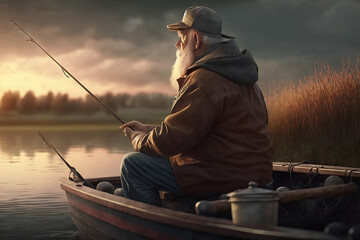 Fisherman with fishing rod on a boat at autumn lake. Generative AI