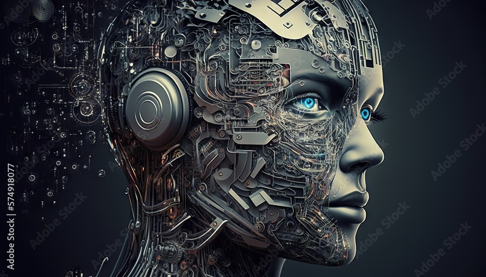 Poster generative ai of artificial intelligence robot head on dark background with circuit board