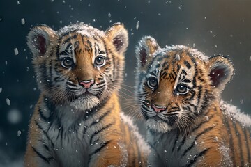 Generative AI. Two tiger cubs in the snow. Beautiful photo digital painting.