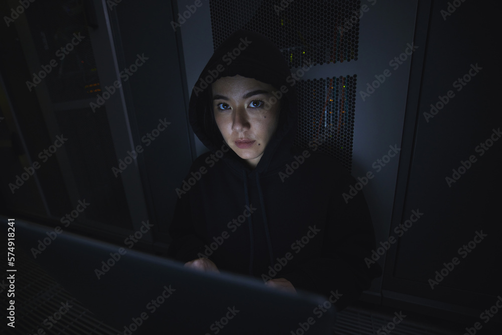 Aufkleber Laptop, hacker and server with portrait of woman for coding, software and cyber security. Ransomware, phishing and developer with girl programmer hacking for database, network and digital crimes