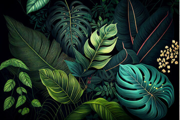 Dark green leaf, tropical jungle foliage.Green floral background. leaves of monstera, palm, coconut, exotical flowers. Panorama background. nature organic concept. Generative Ai