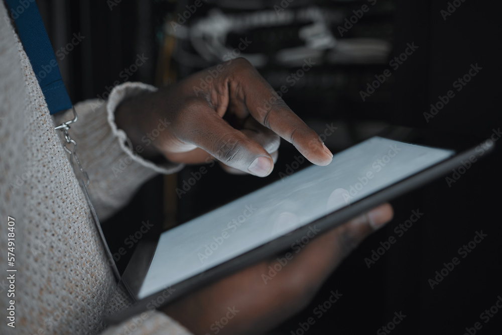 Leinwandbilder tablet screen, mockup or it black man hands in data center on research, communication or typing in s