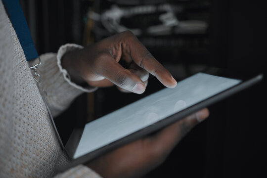 Tablet screen, mockup or IT black man hands in data center on research, communication or typing in server room. Scroll, search or girl on tech for networking, social media or reading website content - Powered by Adobe