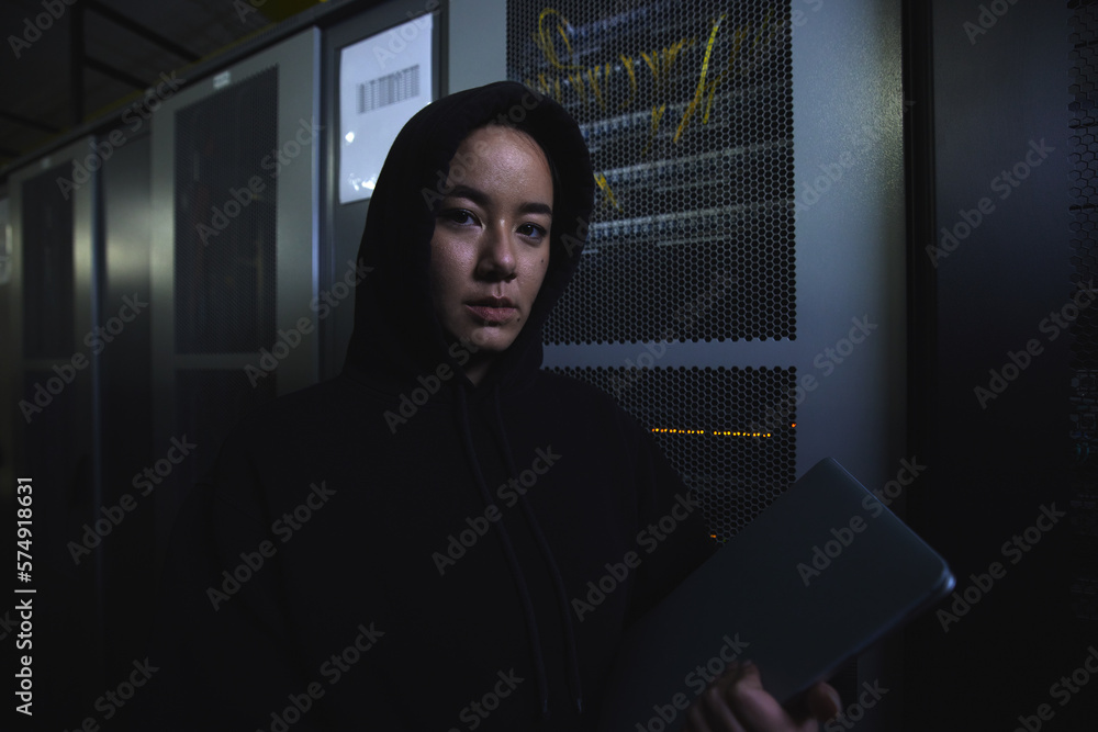 Aufkleber Server, hacker and database with portrait of woman for coding, software and cyber security. Ransomware, phishing and developer with girl programmer at night for programming, network and digital crime