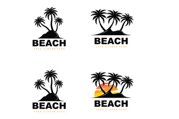 Coconut Tree Logo With Beach Atmosphere, Beach Plant Vector, Sunset View Design
