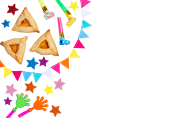 Isolated Purim carnival background with traditional cookies, costume accessories and decor 