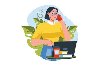 Fototapeta na wymiar Work flow concept with people scene in the flat cartoon style. Girl works on a laptop and communicates with different people on the phone. Vector illustration.