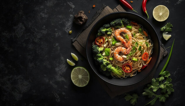 Stir fry noodles with vegetables and shrimps in black bowl. Slate background. Top view. Copy space. Generative AI