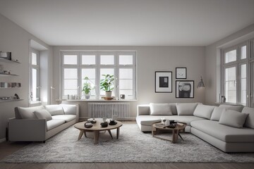 Fototapeta premium Stylish scandinavian living room with design mint sofa, furnitures, mock up poster map, plants and elegant personal accessories. Modern home decor. Bright and sunny room. Generative AI illustration.