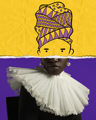 Contemporary art collage with doodles. Medieval african woman royal person with bright drawings over head. Comparison of eras. Concept of inspiration, imagination, history and modernity