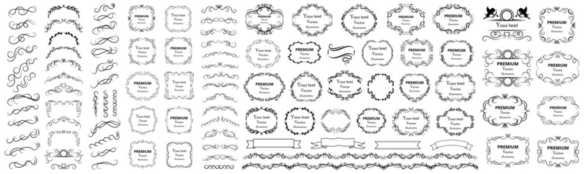 Big set of vector graphic elements for design. Decorative swirls and scrolls, vintage frames , flourishes, labels and dividers. Valentine's day special pack design elements. Retro vector illustration.