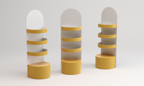 Supermarket POS Cardboard Floor Display Rack, Blank Yellow Advertisement Stand Mock Up, From various angles, 3D rendering