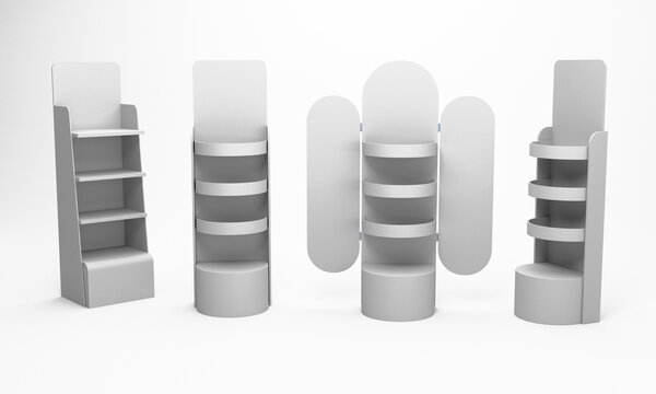 Set Of Supermarket POS Cardboard Floor Display Racks, Blank Empty Advertisement Stand Mock Up, 3D rendering