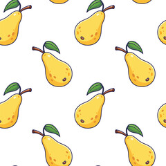 Cute yellow Pear seamless pattern in doodle style.. Vector hand drawn cartoon Pear illustration. Hand drawn Sketch of Pear. Pattern for kids clothes.