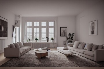 Stylish scandinavian living room with design mint sofa, furnitures, mock up poster map, plants and elegant personal accessories. Modern home decor. Bright and sunny room. Generative AI illustration.
