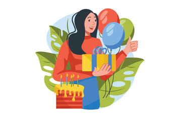 Concept Celebration with people scene in the flat cartoon style. Girl goes to congratulate her friends on the holiday, give gifts and have fun. Vector illustration.