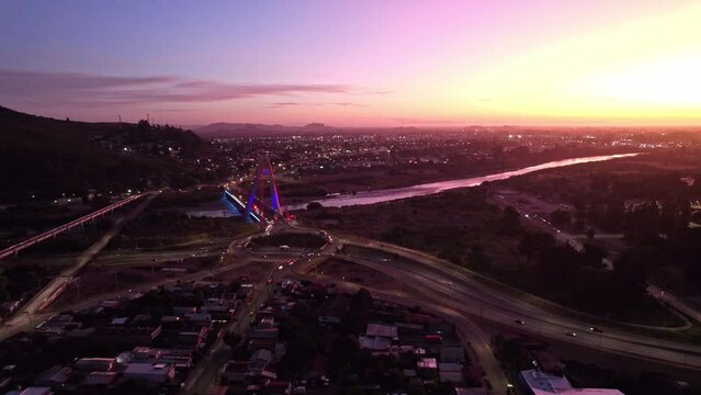 Aerial View Of Treng Treng Kay Kay Bridge Over Cautin River At Dusk Between Temuco And Padre Las Casas In Chile.