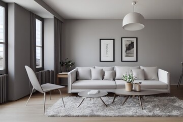 Stylish scandinavian living room with design mint sofa, furnitures, mock up poster map, plants and elegant personal accessories. Modern home decor. Bright and sunny room. Generative AI illustration.