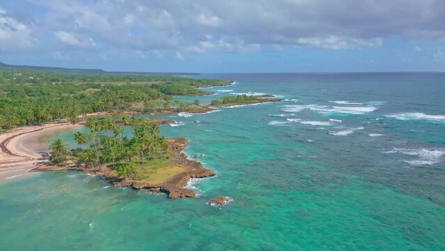 Idyllic Scenery At Playa Los Coquitos In Cabrera, Dominican Republic - aerial drone shot