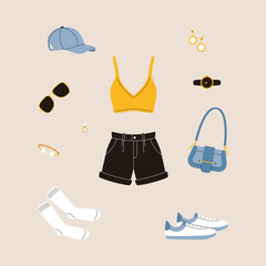 Women stylish outfit. Crop top shorts sneakers cap bag glasses accessories, fashion summer look. Vector cartoon illustration