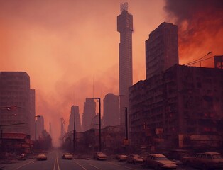 destroyed apocalyptic city view with orange smoky sky, generative AI