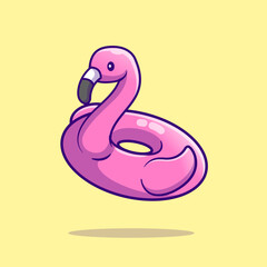 Cute Flamingo Swimming Tire Cartoon Vector Icon Illustration. Animal Holiday Icon Concept Isolated Premium Vector. Flat Cartoon Style