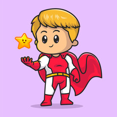 Obraz na płótnie Canvas Cute SuperHero With Cute Star Cartoon Vector Icon Illustration. People Hero Icon Concept Isolated Premium Vector. Flat Cartoon Style