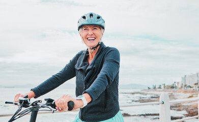 Laughing woman, helmet or electrical bike by sea in transport, clean energy fitness or...
