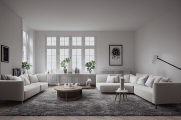 Fototapeta premium Stylish scandinavian living room with design mint sofa, furnitures, mock up poster map, plants and elegant personal accessories. Modern home decor. Bright and sunny room. Generative AI illustration.