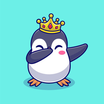 Cute King Penguin Dabbing Cartoon Vector Icon Illustration. Animal Nature Icon Concept Isolated Premium Vector. Flat Cartoon Style