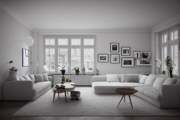 Fototapeta premium Stylish scandinavian living room with design mint sofa, furnitures, mock up poster map, plants and elegant personal accessories. Modern home decor. Bright and sunny room. Generative AI illustration.