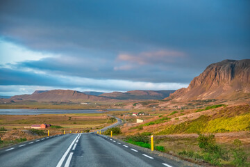 Driving along the beautiful roads of Iceland in summer season