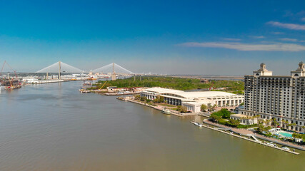Fototapeta na wymiar Aerial view of Savannah skyline and river from drone - Georgia - USA