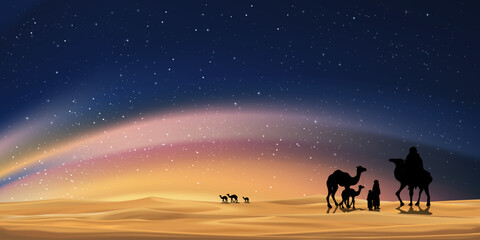 Naklejka na ściany i meble Ramadan Kareem card,Muslim caravan riding camels on desert sand dunes with dusk sky,Milky Way and Orange light,Vector banner Ramadan Night for Islamic religion,Eid al Adha,Eid al fitr,Eid Mubarak