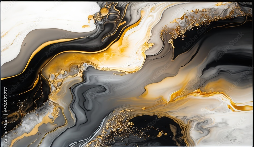 Poster Abstract background, liquid painting, ink, oil mixture of bright gold, black and white paints. High-resolution marble texture background. AI