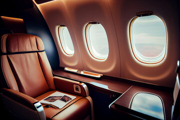 Naklejka premium Luxury interior in the modern business jet and sunlight at the window/sky and clouds through the porthole. Generative Ai.